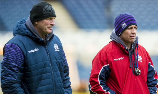 Head coach Vern Cotter and defence coach Matt Taylor at Scotland training yesterday.