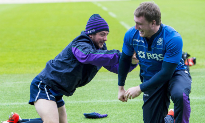 Fit again Stuart Hogg has a b it of fun with skipper Greig Laidlaw at Scotland training this week.