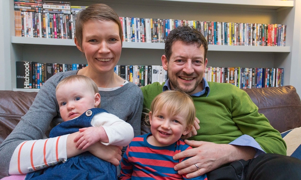 Gaelic speaking Mr Andrew Storey and NHS Consultant may have to leave town if allowances are not made for Gaelic language to be taught in local schools. In photo Kirsten Kruszewski. Kids Isobel (9 months) and Alexander (2)