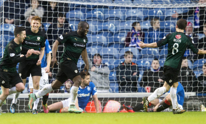 Raith Rovers' Christian Nade celebrates his goal during the William Hill Scottish Cup Fifth Round match at Ibrox Stadium, Glasgow. PRESS ASSOCIATION Photo. Picture date: Sunday February 8, 2015. See PA story SOCCER Rangers. Photo credit should read: Jeff Holmes/PA Wire. EDITORIAL USE ONLY