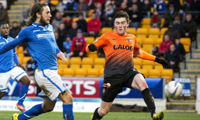 Stevie May scores against Dundee United. A sight Tangerines' fans became used to.