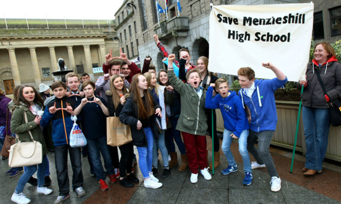 Protesters gathered outside the City Chambers to plead for the future of Menzieshill High School.