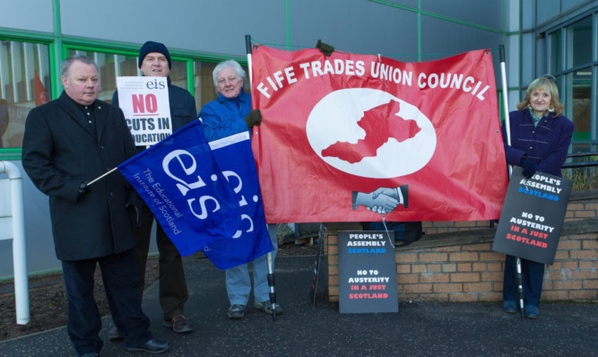 The Peoples Assembly Fife joins campaigners outside Fife House in Glenrothes protesting about council cuts.