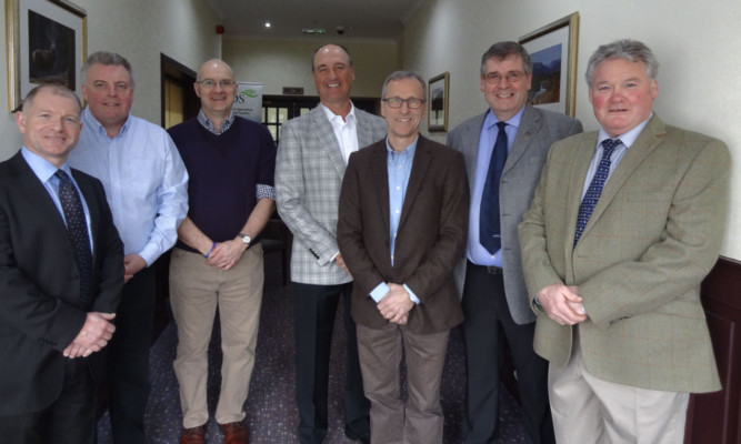 At Scottish Agronomys conference yesterday in Perth, from left: Bruce Ferguson, Jim Wilson, Scottish Agronomy director Colin Mitchell, Grant McGrath, Poul Henning Peterson, Scottish Agronomy chairman George Lawrie and Scottish Agronomy managing director Andrew Gilchrist.