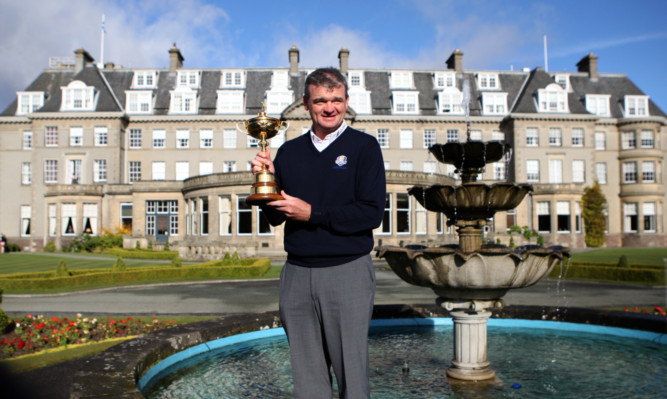 Ryder Cup hero Paul Lawrie pictured at Gleneagles Hotel with the trophy won in 2012 by the European team in Chicago.