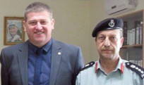 Jim Malone with Brigadier Fayez of the Palestinian Authority Civil Defence Fire and Rescue Service.