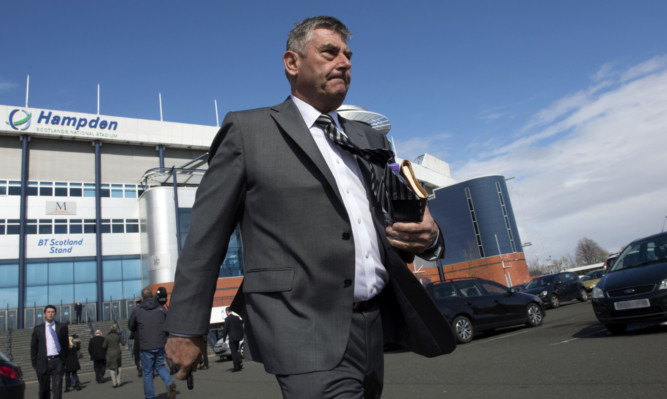 St Mirren Chairman Stewart Gilmour makes his way out of Hampden after the league reconstruction meeting.