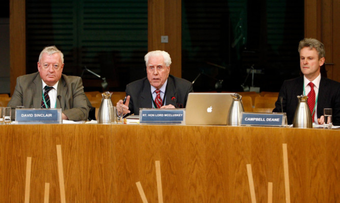 Lord McCluskey addresses the education and culture committee. David Sinclair, of Victim Support Scotland, and Campbell Deane, of law firm Bannatyne Kirkwood France and Co, also gave evidence.