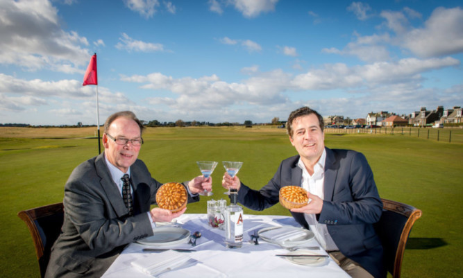 Iain Stirling, right, from Arbikie Vodka and Ronald Shand from Goodfellow and Steven at Carnoustie Golf Club to promote the food and drink event at the Carnoustie Golf Hotel.