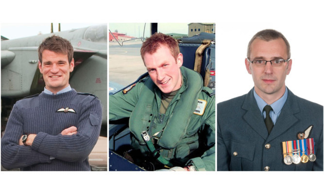 Lieutenant Hywel Poole (left), Flight Lieutenant Adam Sanders (centre) and Squadron Leader Samuel Bailey, were killed in the air accident.