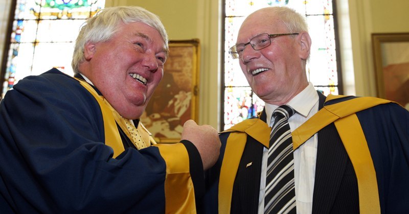 Steve MacDougall, Courier, City Chambers, City Square, Dundee.  Abertay graduations. Pictured, Honorary Graduates (left) BBC's Brian Taylor and Dick McTaggart.