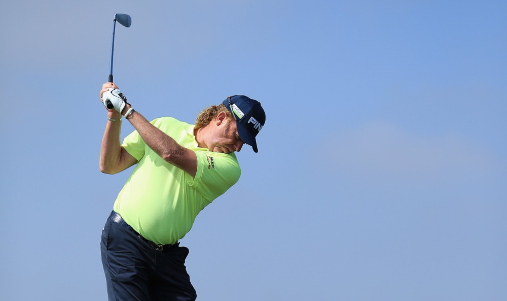 Veteran Miguel Angel Jimenez in action during Wednesday's pro-am.