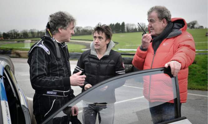 James May, Richard Hammond, Jeremy Clarkson during filming for BBC programme Top Gear.