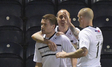 Lewis Vaughan (left) celebrates after scoring Raith Rovers' third against Queen of the South in midweek.