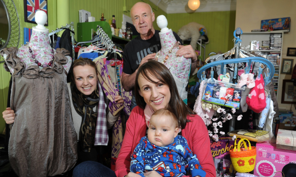 Blake and mum Jenny McMillan with helpers Laura Hirst, Jennys sister, and John Hovell, Jennys dad, in their fundraising shop.