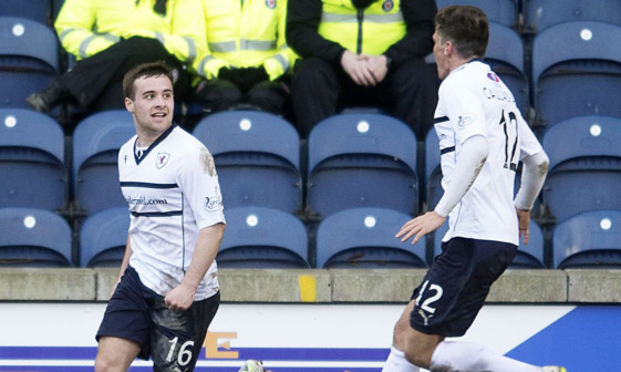 Ross Callachan goes to congratulate Lewis Vaughan after the Raith strikers late winner against his boyhood heroes.