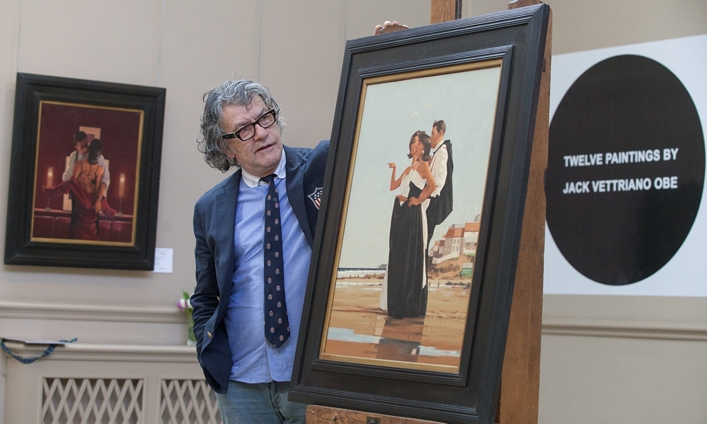 Artist Jack Vettriano O.B.E with The Missing Man (£100,000-150,000) at Bonhams in Edinburgh, where a collection of twelve paintings estimated at a total of between £800,000 - £1,200,000 will go to sale on 27th March. The pictures are fresh to the market and provide a cross section of the themes that have informed Vettriano's work for many years. March 27 2015.  See CENTREPRESS story CPPAINT.