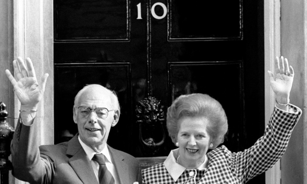 Margaret Thatcher and her husband Denis on the doorstep of 10 Downing Street.