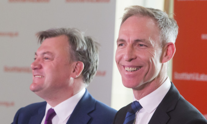 Scottish Labour leader Jim Murphy and Shadow Chancellor Ed Balls  at an election event at the Royal Concert Hall in Glasgow.