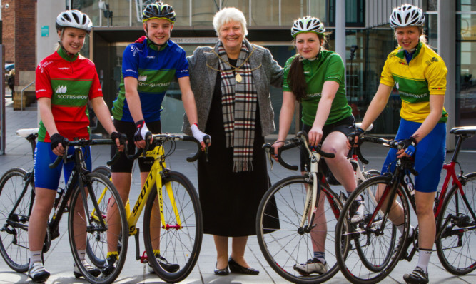 Perth and Kinross Provost Liz Grant with four of Scottish cyclings most promising hopefuls to officially launch the Scottish Power Youth Tour of Scotland 2015. With the provost, from left: Jenny Holl, 15, from Stirling, Alfie George, 14, from Abernyte, Amber King, 15, from Perth, and Rhona Callander, 15, from Stirling.