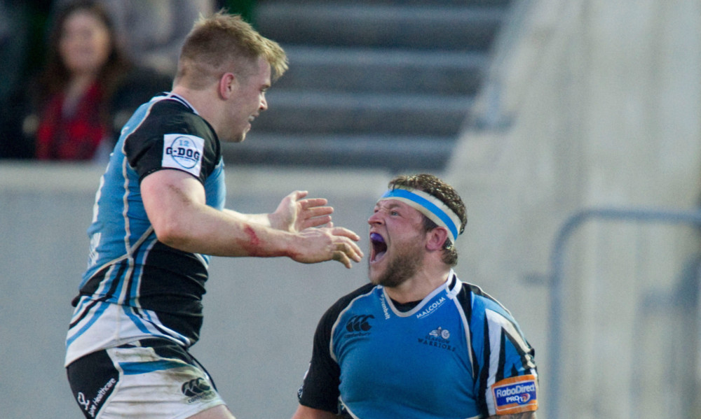 Ryan Grant shows his delight after scoring a try for Glasgow.