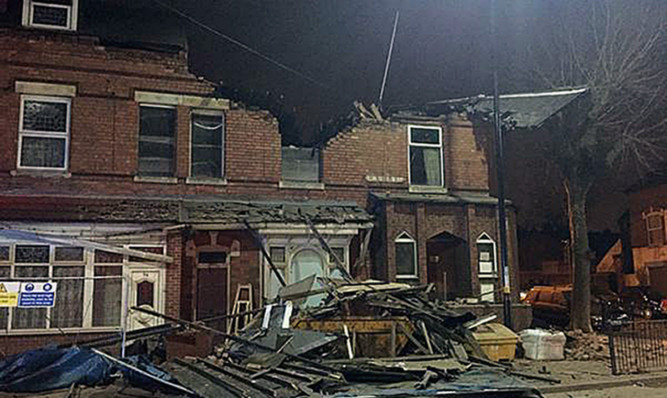 Firefighters used specialist dog teams from Leicestershire Fire and Rescue Service and a police helicopter to search for anyone who might have been trapped in the rubble.