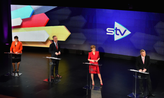 From left: Scottish Conservative leader Ruth Davidson, Scottish Labour leader Jim Murphy First Minister, SNP leader Nicola Sturgeon and Scottish Liberal Democrat leader Willie Rennie listen to questions during the STV Debate.