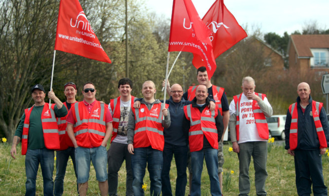 Porters and Unite union members protest at Ninewells Hospital.