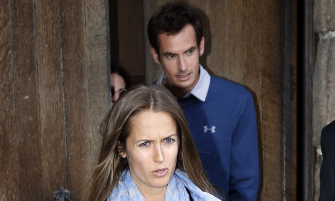 Kim Sears and Andy Murray seen leaving Dunblane Cathedral after a rehearsal the day before their wedding.