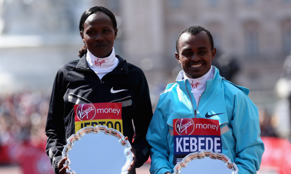 Race winners Priscah Jeptoo, of Kenya, and Ethiopia's Tsegaye Kebede.