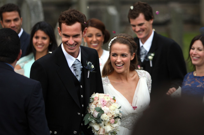 Thousands of people gathered in Dunblane for the wedding of Andy Murray and Kim Sears. Crowds lined the streets despite mixed weather to catch a glimpse of the glamorous guests and happy couple on their wedding day. Andy and Kim with Jamie Murray in the background.
