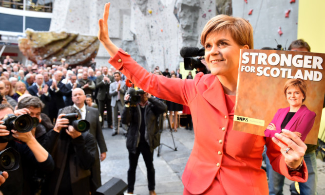 Nicola Sturgeon launches the Scottish National Party manifesto at the Edinburgh International Climbing Arena.