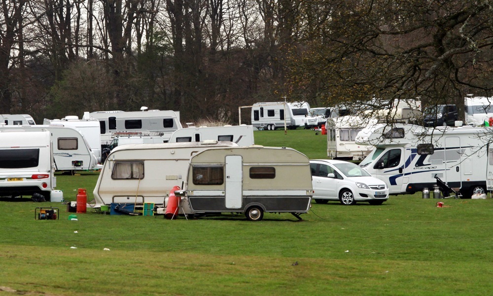 Bob Douglas, Evening Telegraph. Travellers moved into Camperdown Park onto the football pitches near to the children's play area and Wildlife Centre. Words by Adam.