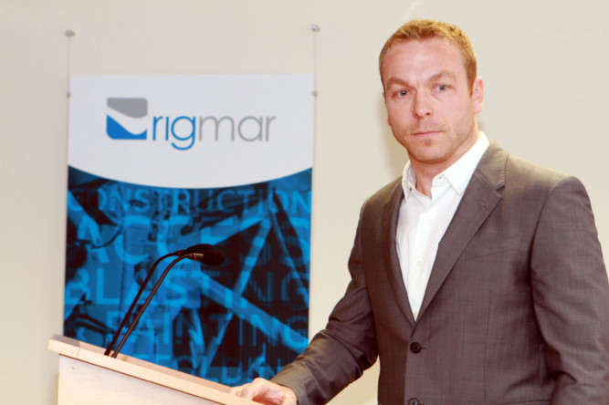 Happier times: Sir Chris Hoy at Rigmar House. The firm is releasing some of its Dundee workforce because of the difficulties facing the industry.