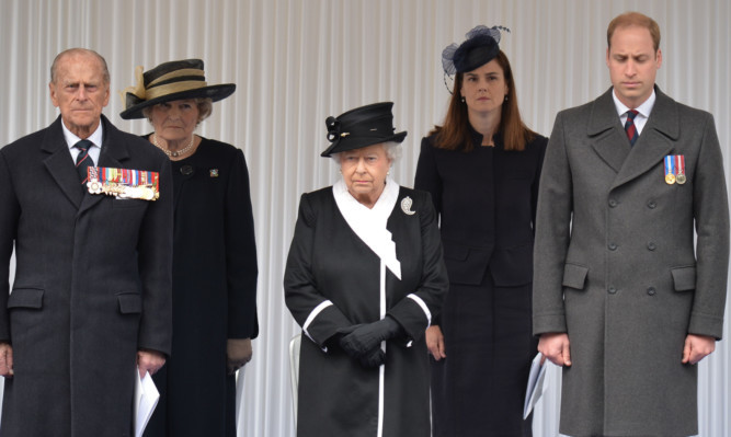 The Duke of Edinburgh, the Queen Elizabeth and the Duke of Cambridge attend the National Commemoration of the centenary of the Gallipoli campaign and ANZAC Day at the Cenotaph in London.