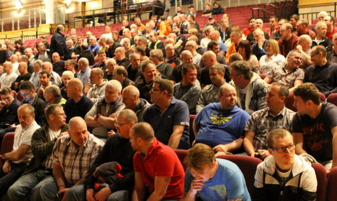 The packed hall before the meeting of Tullis Russell workers in Glenrothes.