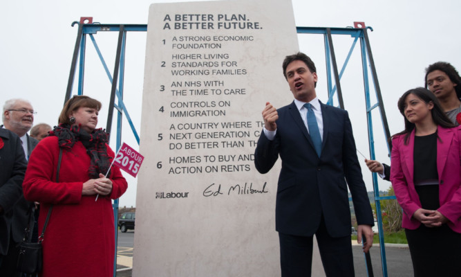 Some day my plinth will come: Leader Ed Miliband unveils Labours election pledges carved into stone in Hastings.