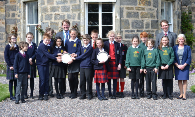 Pupils from Mary Erskine and Stewarts Melville Jr School, Fettes College Prep School, Balmerino Primary School and Falkland Primary School, with Dr Carslaw, Dan Barlow and Carol Tyler.