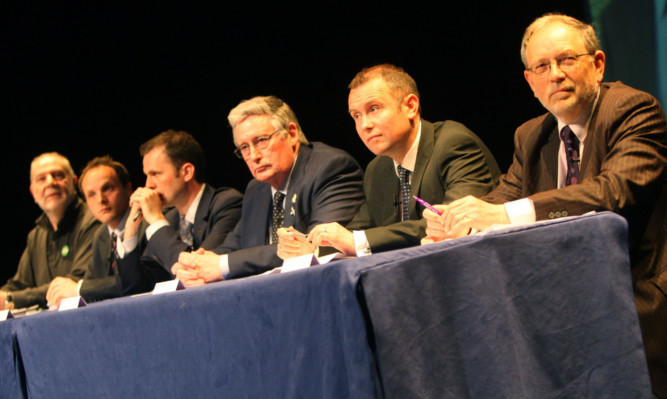North East Fife candidates at a hustings event in St Andrews. From left: Andy Collins (Greens), Huw Bell (Conservative), Stephen Gethins (SNP), Mike Scott Hayward (Independent), Brian Thomson (Labour) and Tim Brett (Liberal Democrats).