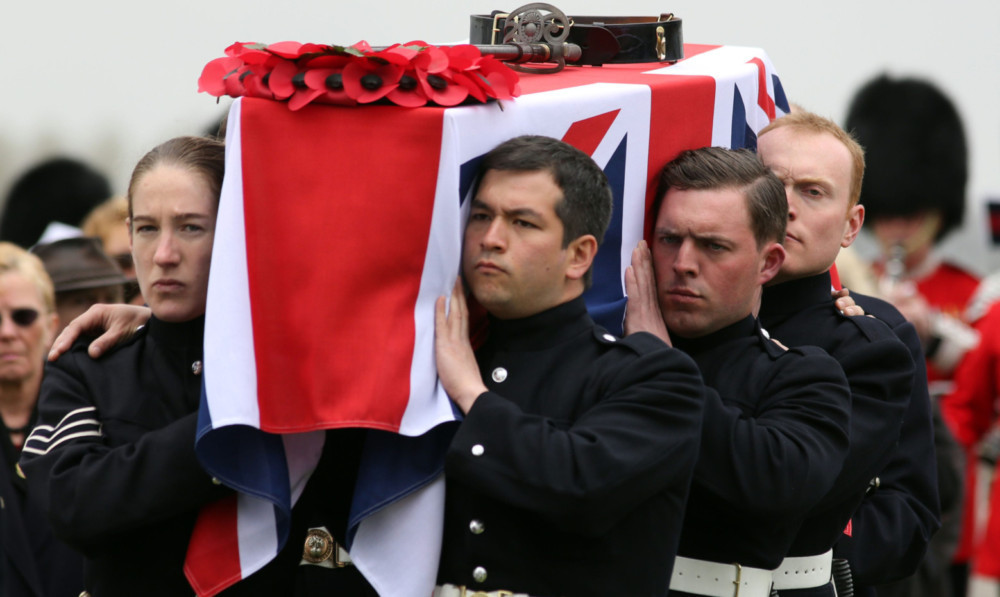 The coffin containing the remains of Lieutenant John Harold Pritchard  arrives at Ecoust-St Mein war cemetery in France.