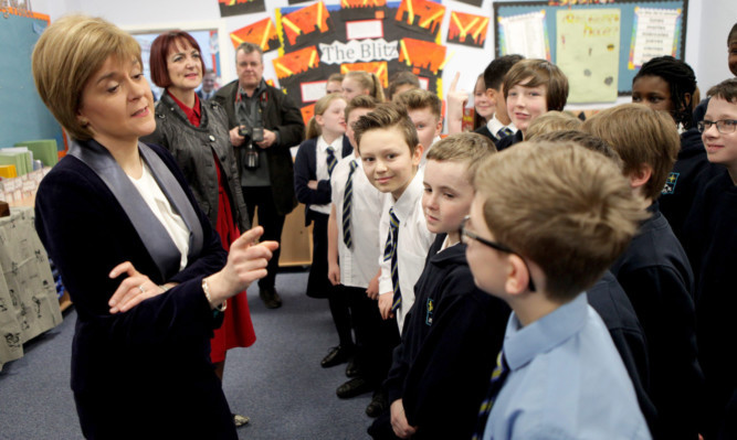 First Minister Nicola Sturgeon and Education Secretary Angela Constance meeting school pupils in Livingston.
