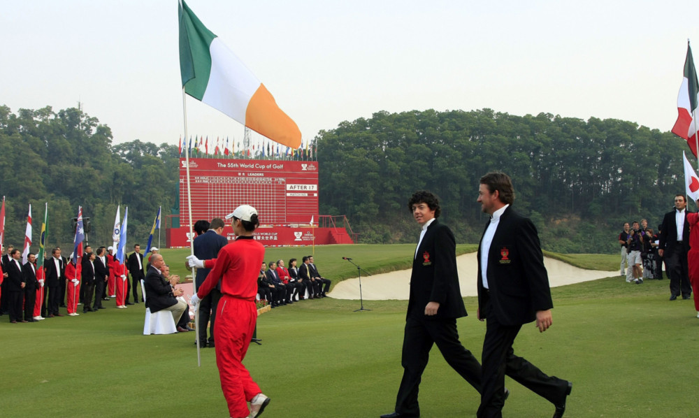 Rory McIlroy and Graeme McDowell representing Ireland at the opening ceremony of the Omega Mission Hills World Cup in China in 2009.