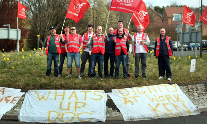 Porters on the picket line outside Ninewells Hospital in Dundee.