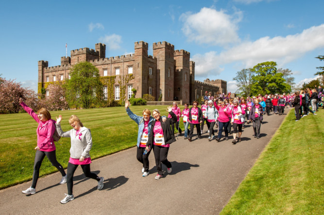 Over 500 people gathered in Perthshire for the Scone Palace Pink Ribbonwalk. Walkers took on the ten mile course to raise money for Breast Cancer Care. Crowds set off on the route.