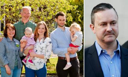 Ashers Baking Company owner Colin McArthur, 48, with his wife Karen, 45, and their son Daniel, 25, the General Manager of Ashers, with his wife Amy, 26, and their children Robyn. Gareth Lee (far right) launched a legal challenge after the family's bakery refused to make a pro-gay marriage cake.