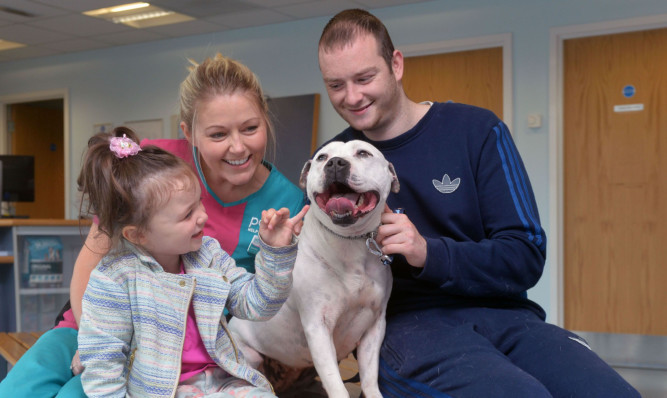 PDSA nurse Gemma Vance with Eoin Murphy, his daughter Alexis and his dog Mon, who has been reunited with her owners after three years.