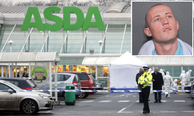 Police and forensics officers at the scene of the fatal shooting of Kevin Carroll (inset) outside an ASDA store in Robroyston, Glasgow.