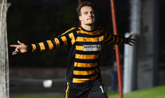 Kyle Benedictus celebrates scoring for Alloa against Brechin.