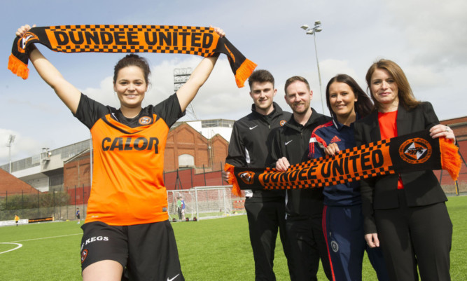 Dundee United player Steph Thompson, John Souttar, Dundee United Community Manager Gordon Grady, Scottish FA Development Officer Sam Milne and Director Justine Mitchell attend the GA Engineering Arena in connection with the launch of the Dundee United FC Womens Football Team