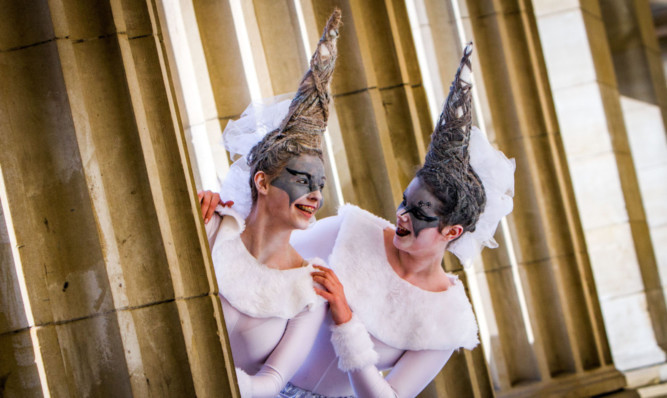 Arbroath High School 5th year pupils Ellie Callon, left, and Rachael Anderson as Unicorns, as part of their schools performance at the Caird Hall in Dundee.